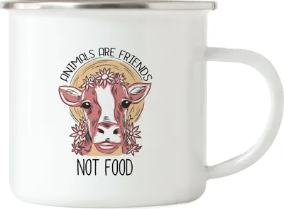Produktbild von Animals Are Friends Not Food Emaille Tasse Vegan Vegetarier Motiv Süße Kuh Geschenkidee Tierwohl Tierleid