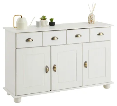 Produktbild von Sideboard COLMAR, Weiß - Landhaus Kommode mit 2 Schubladen und 3 Türen, Kiefer Massivholz, Muschelgriffe aus Metall, ideal für Flur oder Wohnzimmer
