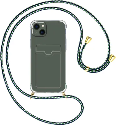 Produktbild von Handykette Backcover-Schutzhülle mit Band (Metall goldfarben) für Apple iPhone 15 Plus - grün/blau/weiß