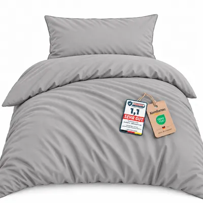 Produktbild von Komfortec Premium Bettwäsche 155x220 cm Bettbezug + 40x80 cm Kissenbezüge, gebürstet 100% Polyester-Mikrofaser 120 g/m², Bettwäsche-Set, Grau