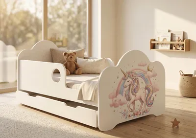 Produktbild von Kinderbett 140x70 cm mit Schublade Matratze Bettkasten Kinderbett Weiß Rausfallschutz Komplettset, Einhorn, für ein Mädchen