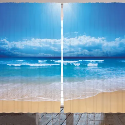 Produktbild von ARANDE Strand Gardine, Seelandschaft-Thema-Landschaft des Strandes und des bewölkten Himmels im Sommer-Digital-Druck, 280 x 245 cm, Sand Braun Blau