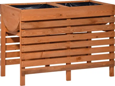 A wooden raised garden bed with a dark liner is shown against a white background.