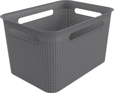 A grey storage basket with perforated sides and handles, isolated on a white background.