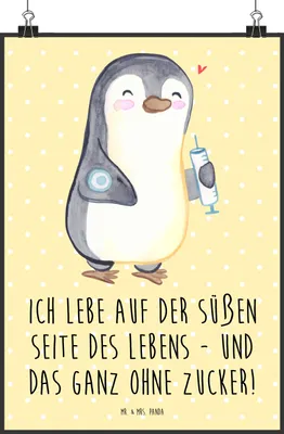 Produktbild von Mr. & Mrs. Panda Bild Pinguin Diabetes DIN A3 - Gelb Pastell - Geschenk, Wandbild, drucke, Plakat, wanddeko, Mellitus, Kunstdruck, Zuckerkrankheit