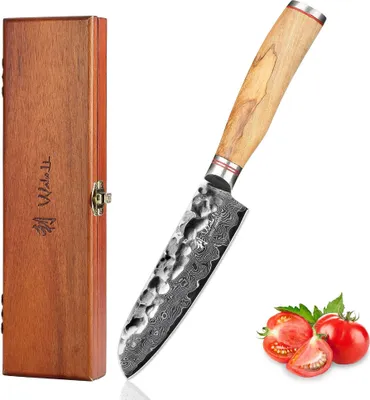 Produktbild von Zayiko Minami Damast kl. Santokumesser I 12 cm Klinge Olivenholzgriff I Holzbox