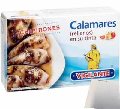Produktbild von Vigilante Calamares, gefüllte Tintenfischstücke in Pflanzenöl (111g Dose) + usy Block