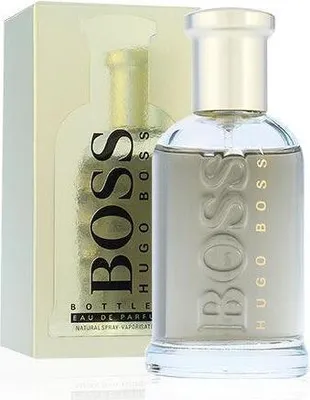 A bottle of Hugo Boss Bottled Eau de Parfum and its packaging are shown against a white background.