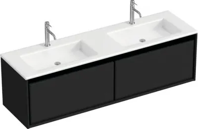 Produktbild von Sanox Badmöbel-Set Loft BxHxT 160,5 x 47 x 45,5 cm Frontfarbe schwarz mit Doppel-Waschtisch Mineralguss weiß Griff chrom