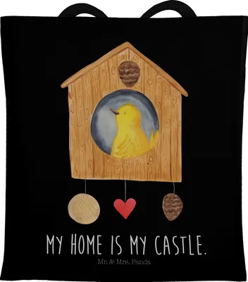 Produktbild von Mr. & Mrs. Panda Tote Bag Vogel Haus - Schwarz - Geschenk, Tragetasche, Castle, Zuhause, Wohnung, Shopping Tasche, Laptoptasche, Nest, Lustige Sprüche, Einkaufstasche