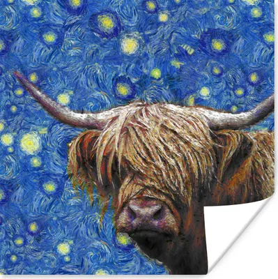 Produktbild von MuchoWow® Poster Van Gogh - Sternennacht - Schottischer Highlander 100x100 cm - Babyzimmer