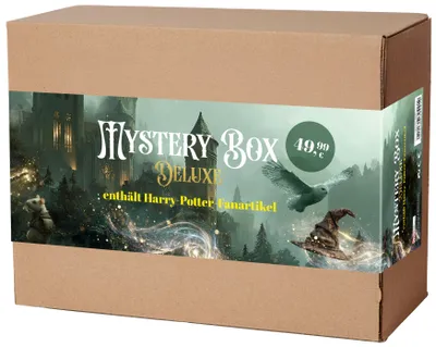 A cardboard box with a Harry Potter themed sticker wrapped around it.