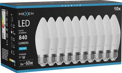 Obrázok produktu pre Mexen Nova 10x LED žiarovka E27, C37, 8W, studená - 6500K, 840 lm - L102-E27-0865-01x10