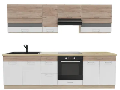 Produktbild von Küchenzeile 270 cm - ECONO A PLUS - Sonoma Eiche - Weiß Hochglanz - Ohne Arbeitsplatte - Einbauküche mit Soft-Close - Metallbox Schubladen