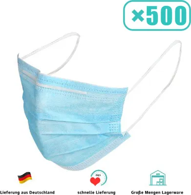 Produktbild von 500 Stück 3-lagig Schutzmaske, Mundschutz, Hygienemaske, Atemschutz, Einweg-Atemmaske, Chirurgische Gesichtsmaske