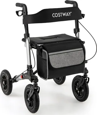 Produktbild von COSTWAY Rollator faltbar, 2in1 Rollstuhl & Reiserollator mit Sitz, Luftbereifung, Tasche & Stockhalter, Gehhilfe höhenverstellbar bis 140kg Silber