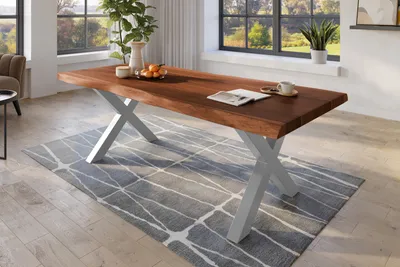 Produktbild von Baumkantentisch 240 x 110 cm Esstisch massiv Akazie Nussbaum X-Gestell Silber TITAN