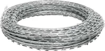 A roll of galvanized steel concertina wire on a white background.