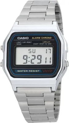 A close-up studio shot of a silver Casio digital watch with a metal band.