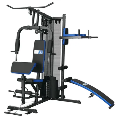 Produktbild von Krafttrainingsstation mit 65 kg Gewichtsstapel, Heimfitnessger?t mit Bauchmuskelbank, Schwarz und Blau