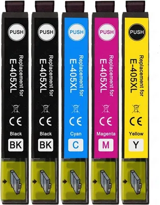Five ink cartridges lined up against a white background.
