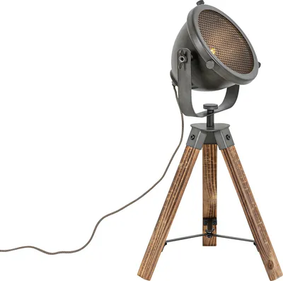 Produktbild von QAZQA - Industrie I Vintage I Industrie I Vintage I Tischlampenstativ aus Stahl I Silber I nickel matt mit kippbarem Holz - Emado I Wohnzimmer I Schlafzimmer - Stahl Länglich - LED geeignet E27