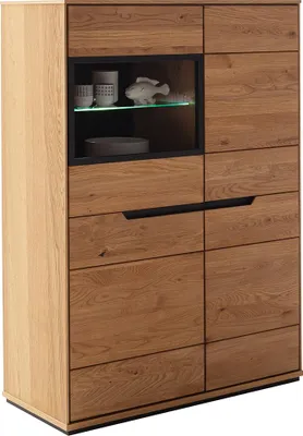 Produktbild von Wohnzimmer Highboard inkl. Beleuchtung mit 93 cm Breite in Eiche teilmassiv, mit 1 Glasrahmentür & 3 Holztüren - AVESTA-06