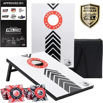 A set of cornhole boards and bags, displayed with promotional material.