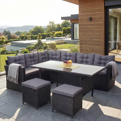 Produktbild von Poly-Rattan-Garnitur HWC-A29, Gartengarnitur Sitzgruppe Lounge-Esstisch-Set, schwarz Kissen dunkelgrau, mit 2x Hocker