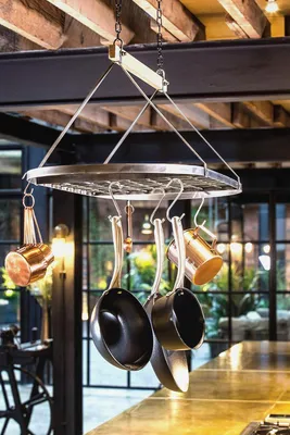 Produktbild von industrielle Küche Topf Rack, Decke Regal mit 8 Haken für hängende Töpfe, Pfannen, und Utensilien, grau und Holz, 42 x 18cm, 1 Count