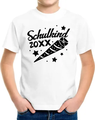 Produktbild von Kinder T-Shirt Jungen Einschulung mit Namen und Jahreszahl Schulkind 2024 Schultüte personalisierbar Schulanfang Moonworks® weiß 122-128 (7-8 Jahre)