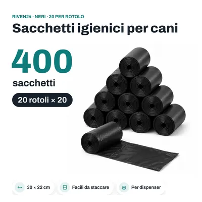 Immagine prodotto di RIVEN24 Sacchetti igienici per cani neri, 400 sacchetti (20 rotoli × 20), 30 × 22 cm, per dispenser