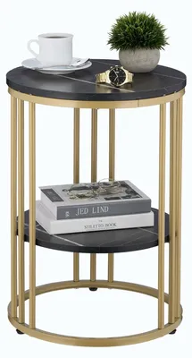Image de Table d'appoint ronde - Aspect marbre - Noir et doré - 56 x 40 cm - Avec étagère