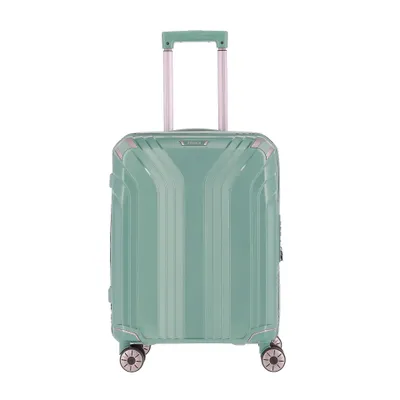 A mint green suitcase with a retractable handle and wheels, presented against a white background.