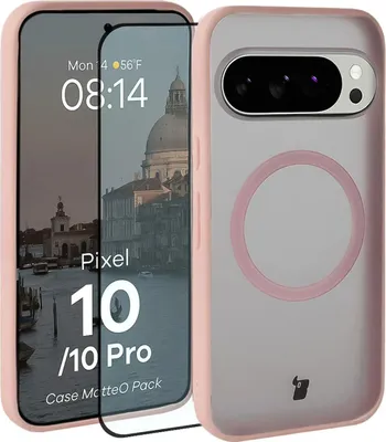 Produktbild von Schutzhülle mit Magnetring + gehärtetem Glas Bizon MatteO Pack für Google Pixel 10 / 10 Pro, Getönt-Hellrosa