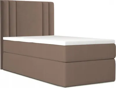 A brown upholstered bed frame with a white mattress topper and a padded headboard, shown against a white background.