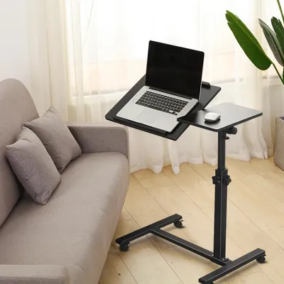 Obrázek produktu pro Pohyblivý stolek na notebook – stolek k posteli/nadpostelový stolek – výškově nastavitelný 65–95 cm – sklopná deska – tvar písmene L – černý