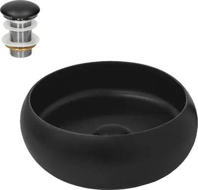 Produktbild von LuxeBath Waschbecken Aufsatzwaschbecken Rund, Ø 35x12 cm, Schwarz matt, aus Keramik, inkl. Ablaufgarnitur ohne Überlauf