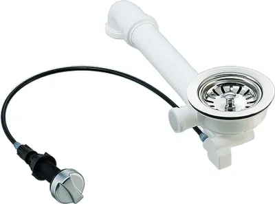 A white sink drain assembly with a silver knob and a black cable, isolated on a white background.