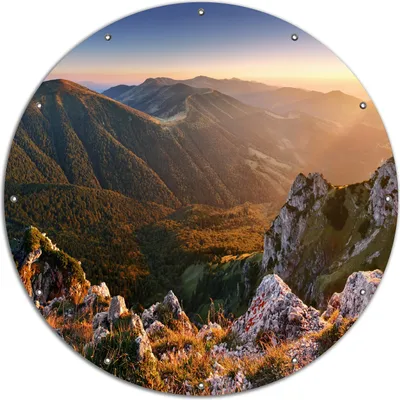 Produktbild von Wallario rundes Outdoor-Poster für Garten oder Balkon, Motiv Berglandschaft mit Sonnenuntergang in der Slowakei, 120 cm Durchmesser