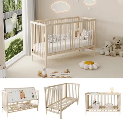 Produktbild von Flieks Kinderbett 60x120cm mit Malerbrettständer / Schreibtisch, Nebenbett Babybett mit Rausfallschutz und Lattenrost, Naturbelassen