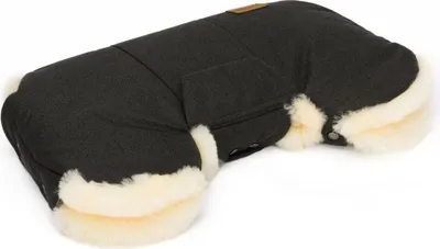A dark gray dog coat with cream-colored faux fur trim is shown against a white background.