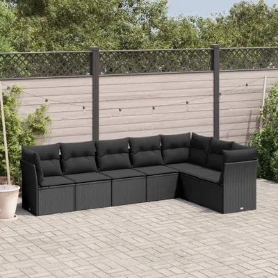 Produktbild von Design 7-tlg. Garten-Sofagarnitur mit Kissen Schwarz Poly Rattan, Gartenmöbel-Sets 2024 Neu