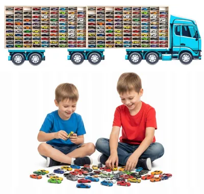 Modellauto-Regal für 160 Autos 1:64 – 2 Wandregale als Setzkasten für Spielzeugautos, Lkw-Motiv, Blau, Birken-Sperrholz – mit Modellautos an der Wand