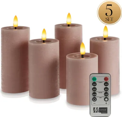 Produktbild von Meisterhome® LED Stumpenkerzen 5er-Set – LED Kerzen - Flammenlose Kerzen im Rustik-Design – Ø 7 cm, Höhen 10/12,5/15 cm – Warmweißes flackerndes Licht – Mit Fernbedienung & Timer – Batteriebetrieben, Farbe:Violett