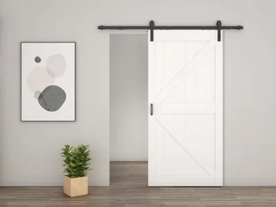 Produktbild von Schiebetür Scheunentor, 90 x 215 cm, Holzschiebetür Weiß, Komplettset inklusive Softclose-Mechanismus