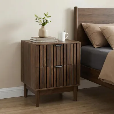 Immagine prodotto di Comodino in stile Mid-Century Modern, realizzato in legno, con due cassetti, dimensioni 45x39x56,5 cm