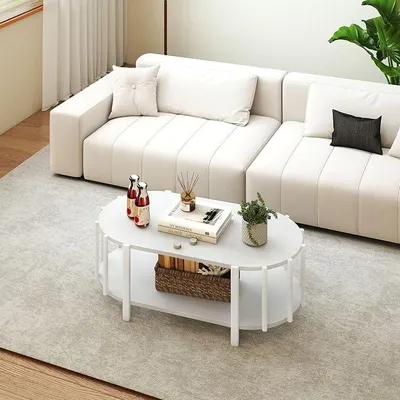 Imagen del producto de Mesa de centro, diseño moderno multifuncional ovalada, mesa de centro con espacio de almacenamiento, madera, mesa auxiliar, 119x60x40 cm, color blanco