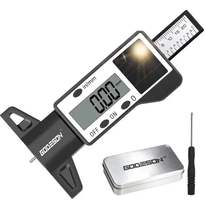 Immagine prodotto di Misuratore di profondità del profilo a energia solare, con display LCD da 0 a 25,4 mm (1 pollice), modalità a basso consumo, adatto per auto, camion e motociclette