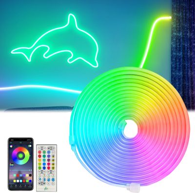Neon LED Strip RGBIC Silikon,5M Led Streifen IP65 Fernbedienung APP Bluetooth Timer Musik Sync., Lichtband Innen Außen Wand Deko Spielzimmer Party
